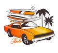 Miami typography for t-shirt print and Retro car with surfboard