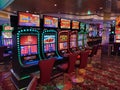 Miami, USA - April 29, 2022: Casino interior, gaming slot machines, American gambling at Symphony of the seas