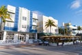 Miami, USA - April 15, 2021: South Beach art-deco hotels line Ocean Drive boulevard in Florida