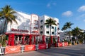 Miami, USA - April 15, 2021: South Beach sidewalk cafe at Boulevard and Starlite hotels in Florida