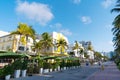 Miami, USA - April 15, 2021: South Beach sidewalk cafes and hotels line Ocean Drive in Florida