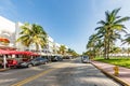 facade of art deco hotels with palm trees at ocean drive, south beach, Miami. Royalty Free Stock Photo