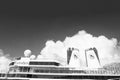 Miami, USA - December 31, 2015: upper decks and twin funnels of Eurodam. Facade of cruise ship on cloudy blue sky. Rows Royalty Free Stock Photo