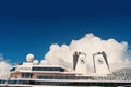 Miami, USA - December 31, 2015: upper decks and twin funnels of Eurodam. Facade of cruise ship on cloudy blue sky. Rows Royalty Free Stock Photo