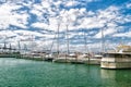 Miami, USA - February 19, 2016: yachts and sail boats in sea port on cloudy blue sky. Yachting and sailing. Luxury travel on boat. Royalty Free Stock Photo