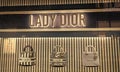 Miami, USA - March 20, 2021: illuminated Lady Dior shopwindow displaying bags at Design District in Florida. Christian