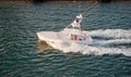 Miami, USA - March, 18, 2016: motorboat boat move fast on sea water. Speed, extreme, energy, power. Boat, vessel Royalty Free Stock Photo