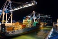 Miami, USA - November, 23, 2015: port or terminal with night illumination. Maritime container port with cargo containers, cranes a