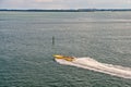 Speedboat move fast on sea water. Speed, extreme, energy, power. Boat, vessel, transport. Wanderlust, travel, vacation Royalty Free Stock Photo