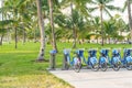 Miami, USA - September 11, 2019: Blue Citibike shared bicycles for rent are lined up in South beach of Miami