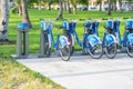 Miami, USA - September 11, 2019: Blue Citibike shared bicycles for rent are lined up in South beach of Miami Royalty Free Stock Photo