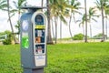 Miami, USA - September 10.09.2019: Self service parking pay station with solar power Royalty Free Stock Photo