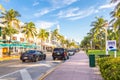 Miami, USA - September 09, 2019: The view of famous Ocean Drive street in the morning in Miami South Beach in Florida Royalty Free Stock Photo