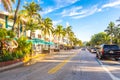 Miami, USA - September 09, 2019: The view of famous Ocean Drive street in the morning in Miami South Beach in Florida Royalty Free Stock Photo