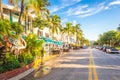 Miami, USA - September 09, 2019: The view of famous Ocean Drive street in the morning in Miami South Beach in Florida Royalty Free Stock Photo