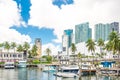 Miami, USA - September 11, 2019: View of the Marina in Miami Bayside with modern buildings and skyline in the background Royalty Free Stock Photo