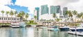 Miami, USA - September 11, 2019: View of the Marina in Miami Bayside with modern buildings and skyline in the background Royalty Free Stock Photo