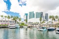 Miami, USA - September 11, 2019: View of the Marina in Miami Bayside with modern buildings and skyline in the background Royalty Free Stock Photo