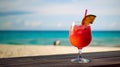 Miami Vice cocktail on background with blue sea and sky tropical background. Generative AI