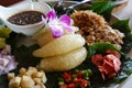 Miang kham - A royal leaf wrap appetizer. Asian snack from Thailand