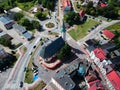 MIASTKO, POLAND - 05 AUGUST 2018 - Aerial view on Miastko city with baroque church and Jan Pawel II roundabout