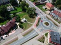 MIASTKO, POLAND - 05 AUGUST 2018 - Aerial view on Miastko city with MIG-17 airplane, river Studnica and roundabout