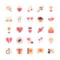 Love icon collection such as broken heart  fall in love  couple  wedding rings  and more. Flat style. Royalty Free Stock Photo