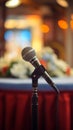 Mic on stage podium facilitates effective public speaking in conferences. Royalty Free Stock Photo
