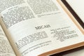 Micah open Holy Bible Book close-up. Old Testament Scripture prophecy