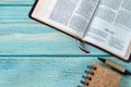 Micah open Holy Bible Book on a rustic wooden table background