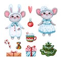 Mice in christmas costumes of rabbit and snowflake