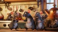 The mice have created a diversion by dressing up as a group of rats and sneaking into the kitchen while the real rats Royalty Free Stock Photo
