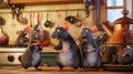 The mice have created a diversion by dressing up as a group of rats and sneaking into the kitchen while the real rats