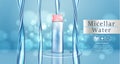 Micellar water for makeup cleaning 3d realistic vector advertising banner, poster. Cosmetic product bottle.