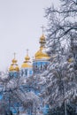 Michael`s Golden Domed Cathedral in winter snowfall. Kiev. Ukraine Royalty Free Stock Photo