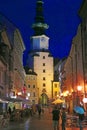 Michael Tower Michalska Brana in Old Town of Bratislava at night in Slovakia
