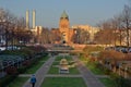 Michaelkirche and parc with walking people , Berlin