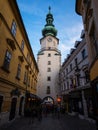 Michaels Gate Michalska brana historical city gate old town medieval baroque Michalska cobblestone street Bratislava Royalty Free Stock Photo