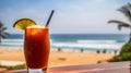 Michelada cocktail on background with blue sea and sky tropical background. Generative AI