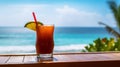 Michelada cocktail on background with blue sea and sky tropical background. Generative AI