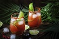 Michelada - Mexican alcoholic cocktail with beer, lime juice, tomato juice, spicy sauce and spices, vintage wooden background,
