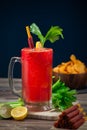 Michelada, Mexican drink with chamoy, tamarind, chili, celery, sauces, refreshing with beer