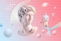 Michelangelo`s David bust. Retrofuturistic style 3D rendered illustration with David and mannequins.