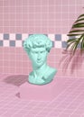 Michelangelo`s David sculpture on the catwalk in vaporwave