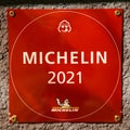 Michelin Bib Gourmand plaque at the Brasserie Le Jardin at the Domaine Les Crayeres, a classic French hotel in Reims