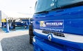 Michelin tire truck in motorsport circuit paddock selective focus on logo