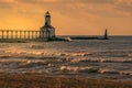 Michigan City, Indiana / USA on September 26th 2018: Washington Park LightHouse Bathed in Golden Hour Lighting during Sunset on a Royalty Free Stock Photo
