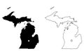 Michigan MI state Map USA with Capital City Star at Lansing. Black silhouette and outline isolated on a white background. EPS Royalty Free Stock Photo