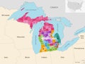 Michigan state counties colored by congressional districts vector map with neighbouring states and terrotories Royalty Free Stock Photo