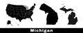 Michigan state map, USA. Set of Michigan maps with outline border, counties and US states map. Black and white color Royalty Free Stock Photo